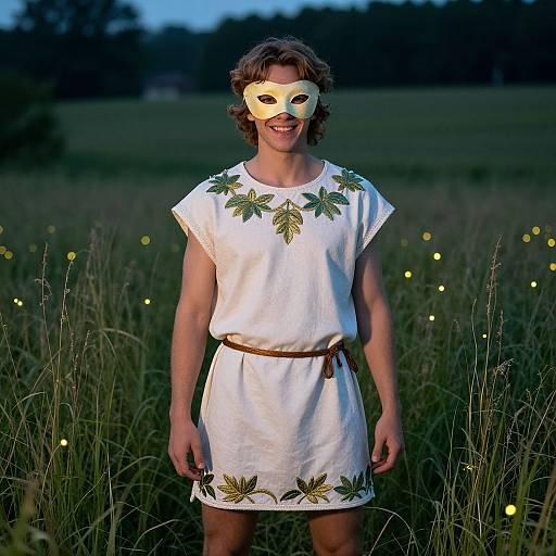 Photograph of a smiling person with short brown hair, wearing a white dress with green leaf embroidery and a white mask, standing in a dark field of