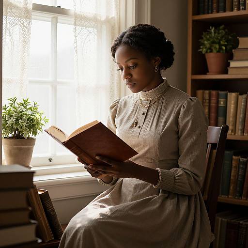 Photograph of a Black woman with curly hair, wearing a beige, buttoned dress, reading a book by sunlight-filled window in a cozy, book