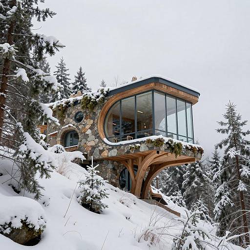 Modern Stone and Glass Cabin in Snowy Forest