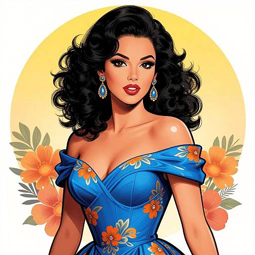 Digital illustration of a beautiful woman with dark, wavy hair wearing an off-shoulder blue floral dress, orange flowers, and blue earrings, against