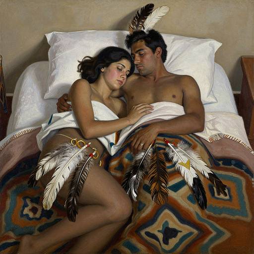Photograph of a shirtless, dark-haired man and a woman with dark hair, both covered in white sheets, lying on a bed with Native American