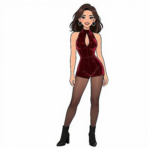 Digital illustration of a confident woman with dark brown hair, wearing a sleeveless, deep red, high-neck dress with a keyhole cutout, black