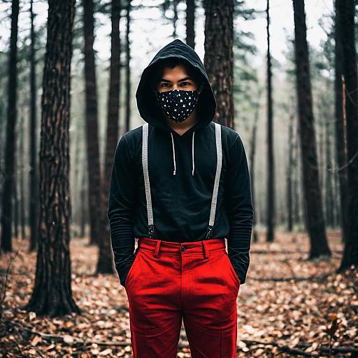 Young man in Halloween outfit wearing mask in forest