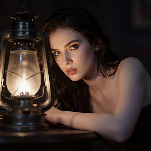Photograph of a pale-skinned, dark-haired woman with intense gaze, leaning on a glowing antique lantern in a dimly lit, shadowy room