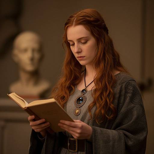 Photograph of a red-haired woman with fair skin, wearing a gray dress and black necklace, reading an open book in a dimly lit room,