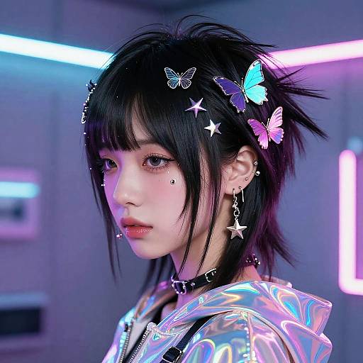 Digital portrait of an East Asian woman with black spiky hair, adorned with neon butterflies and stars, wearing a glowing, iridescent hoodie, set