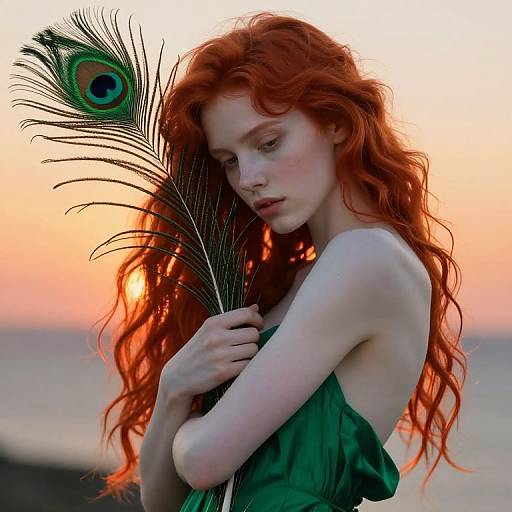 Redhead Woman with Peacock Feather at Sunrise