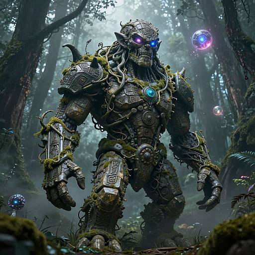 Ancient Runic Golem in Enchanted Forest