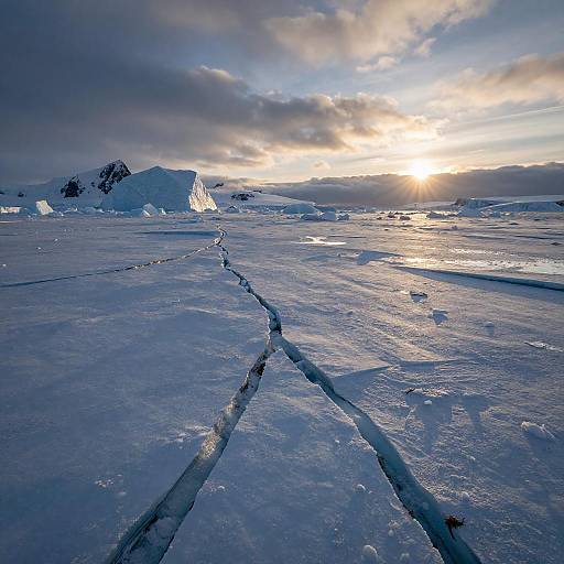 Photograph of a snowy, icy landscape at sunset, featuring footprints leading towards distant snow-covered mountains under a cloudy sky.