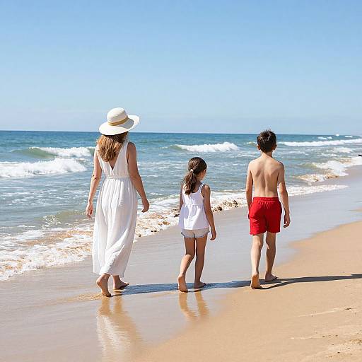 Photograph of a woman in a white dress and sunhat, holding hands with a young girl in a white outfit, and a boy in red swim