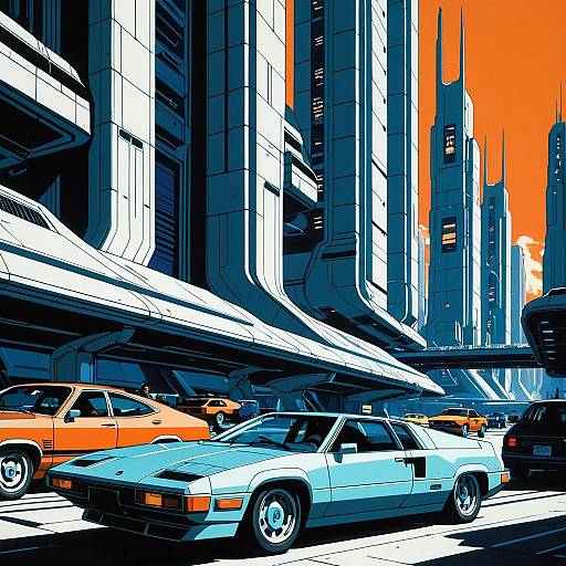 Futuristic Mega City with Classic Sports Car