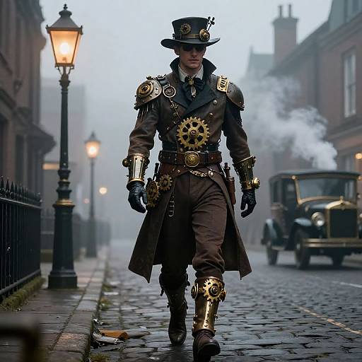 Steampunk soldier in brown coat with gears, brass cuffs, and top hat walks a foggy, cobblestone street, vintage car behind.