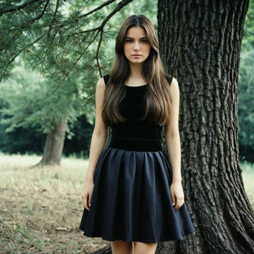 Elegant Girl in Black Dress Outdoors