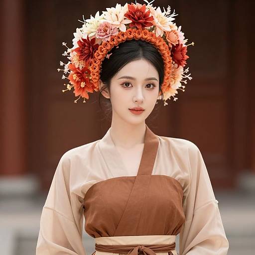 Woman in Brown Outfit with Floral Headpiece