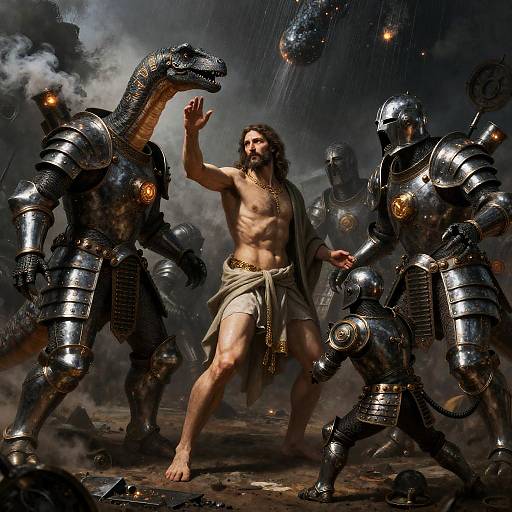 Caravaggio-Style Jesus Defeats Armored Golems