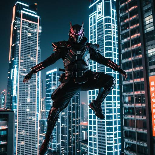 Futuristic Cyberpunk Samurai Leaping in Neon City