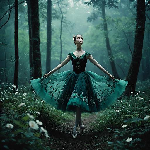 Ballerina in Emerald Gown in Misty Forest
