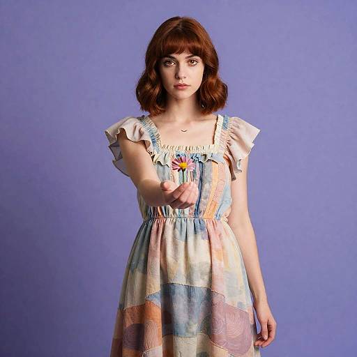 Serene Young Woman Offering Pastel Bloom