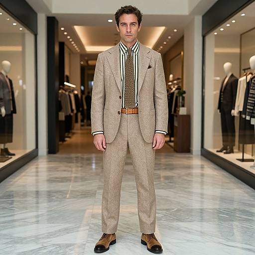 Photograph of a man in a beige suit with black-and-white striped shirt, brown belt, and brown shoes, standing in a modern, well-l