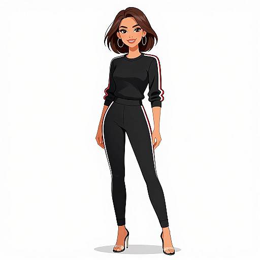 Digital illustration of a smiling woman with shoulder-length brown hair, wearing a black long-sleeve top, black pants, and open-toe heels,