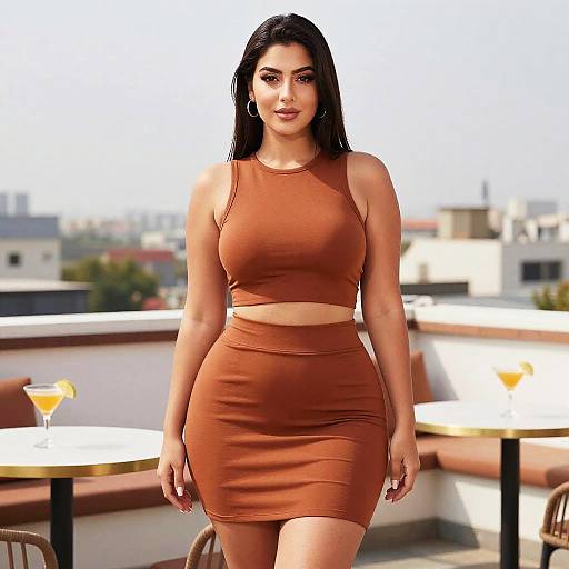 Photograph of a curvy woman with long black hair, wearing a tight, rust-colored crop top and skirt, standing on a rooftop terrace with blurred