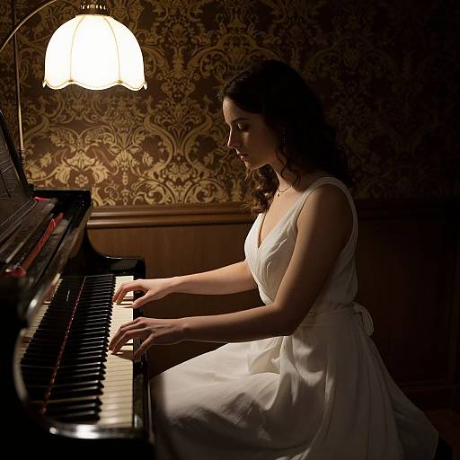 Photograph of a woman with wavy brown hair, wearing a white dress, playing a black piano in a dimly lit room with ornate brown