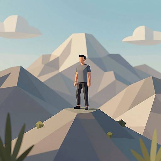 Geometric-style digital illustration of a man in a gray shirt and black pants standing on a mountain peak with large, angular mountains and fluffy clouds in the