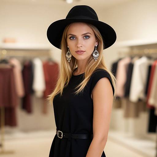 Photograph of a blonde woman with blue eyes, wearing a black hat, sleeveless black dress, and intricate earrings, standing in a brightly lit clothing