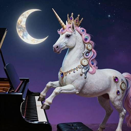Digital art: White unicorn with pink and blue mane, golden crown, and jewel-encrusted neck and tail, rears up by a grand