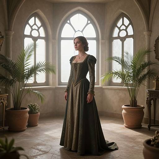 Photograph: Elegant woman with fair skin and brown updo, wearing a dark, long-sleeved, medieval-style gown, stands in a sun