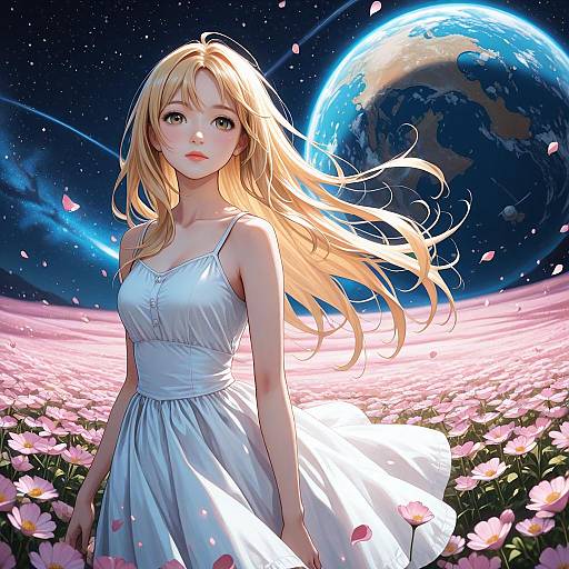 Digital anime-style artwork of a blonde woman in a white dress standing in a pink flower field with a glowing Earth in space background.