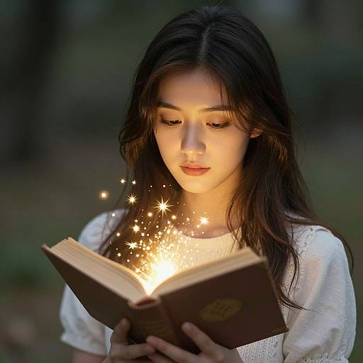 Photograph of a young woman with long dark hair, wearing a white blouse, holding an open book emitting glowing, sparkling light. Blurred forest background