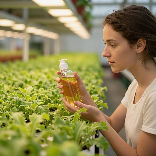 Photograph of a young woman with light brown skin and dark curly hair, wearing a white t-shirt, inspecting lettuce plants while holding a bottle of
