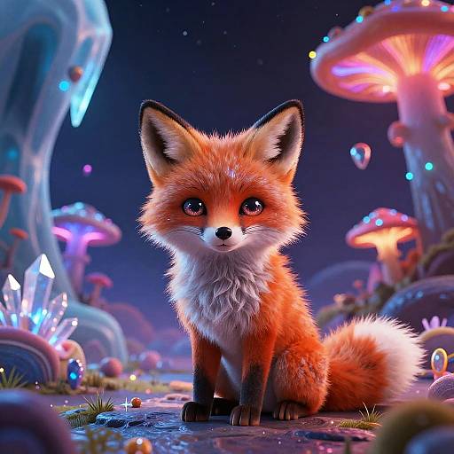 Digital artwork of a cute, fluffy, red-orange fox with large, expressive eyes sitting in a glowing, whimsical mushroom forest at night.
