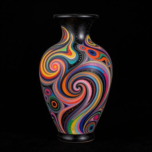 Vibrant, abstract, glass vase with swirling, colorful patterns in red, orange, yellow, green, blue, and pink on a black background