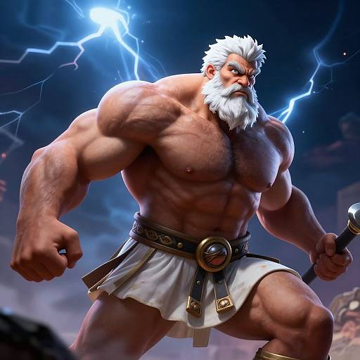 CGI image of a muscular, white-haired, bearded Zeus-like god with lightning bolts in the background, wearing a white skirt and holding a hammer