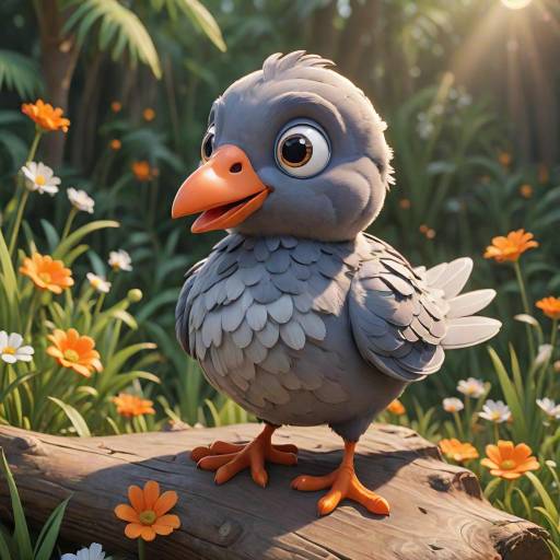 Charming 3D Cartoon Pigeon on Log