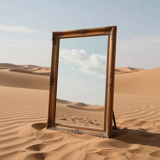 A ornate, empty wooden frame stands upright in a sunlit, sandy desert, casting a shadow with rippled sand patterns.
