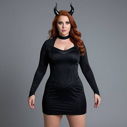 Photograph of a red-haired woman wearing a black, form-fitting dress and black devil horns, standing against a gray background.
