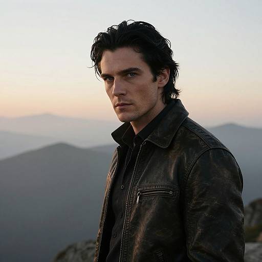 Photograph of a serious, dark-haired man with tousled hair, wearing a brown leather jacket, standing against a mountainous sunset background.