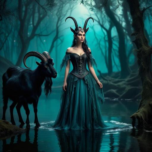 Mystical Woman with Horned Goat in Enchanted Forest
