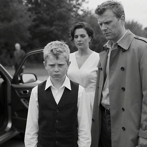 Somber Family Moment in Black and White