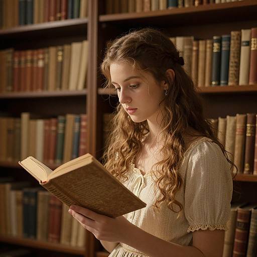Photograph of a young woman with long, wavy brown hair, wearing a cream-colored, puffed-sleeve dress, reading a book in