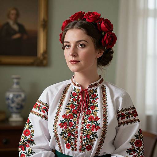 Photograph of a fair-skinned woman with dark brown hair adorned with red roses, wearing a white embroidered blouse with red floral patterns, standing in a