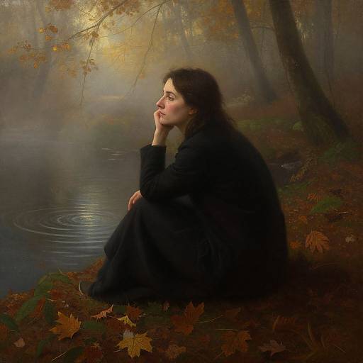 Photorealistic painting of a contemplative woman in black, sitting by a misty forest lake, surrounded by autumn leaves and ripples.