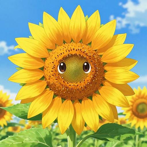 Bright digital illustration of a sunflower with large, yellow petals and black, expressive eyes, set against a vivid blue sky with white clouds and a field