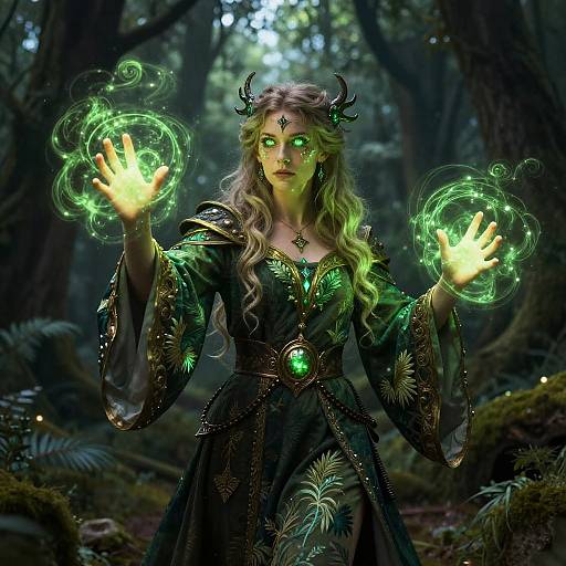 Digital artwork of a green-eyed, long-haired forest witch with glowing magic hands, wearing an ornate black dress, in a dark, enchanted forest.