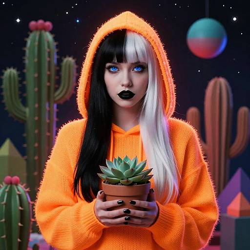 Digital artwork of a goth-style woman with black and white half-hair, blue eyes, black lipstick, orange hoodie, holding a succulent,