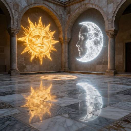 Photograph of a marble-floored, arched room with glowing digital art: a radiant yellow sun and a white crescent moon with a human