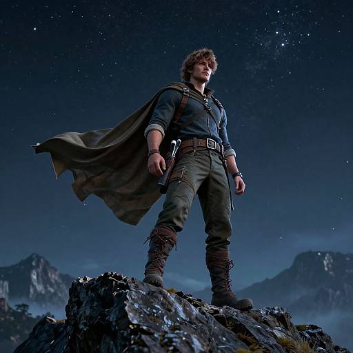 Photorealistic CGI image of a brave, curly-haired man in a blue shirt, brown pants, and cape standing on a rocky mountain peak under a